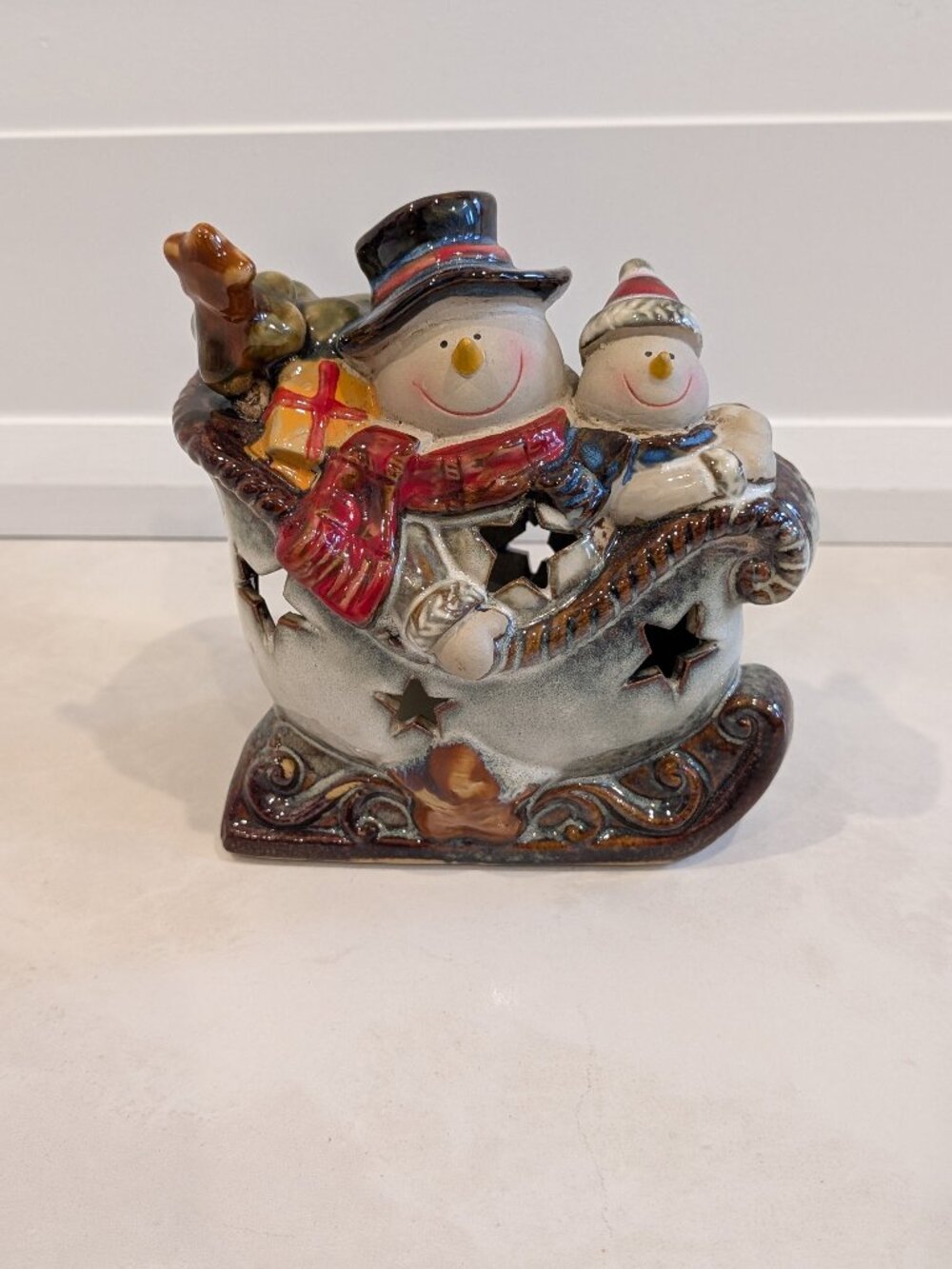 Ceramic Snowman Family Sleigh Tealight Candle Holder Christmas Luminary